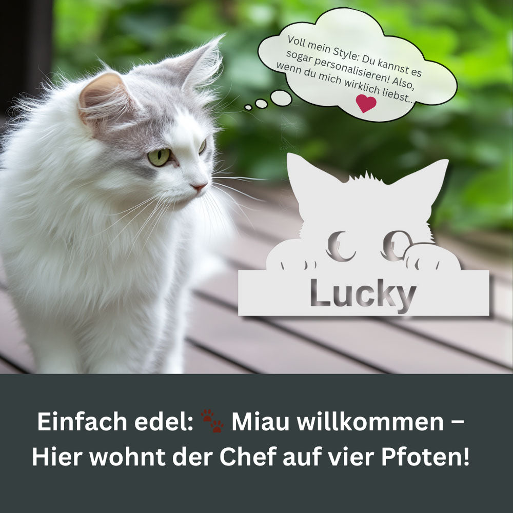 Katzenschild aus Edelstahl mit dem Namen Lucky – dekorativ mit Katze im Hintergrund und Spruch „Miau willkommen – Hier wohnt der Chef auf vier Pfoten!“
pulverbeschichtet. Individuell personalisierbar