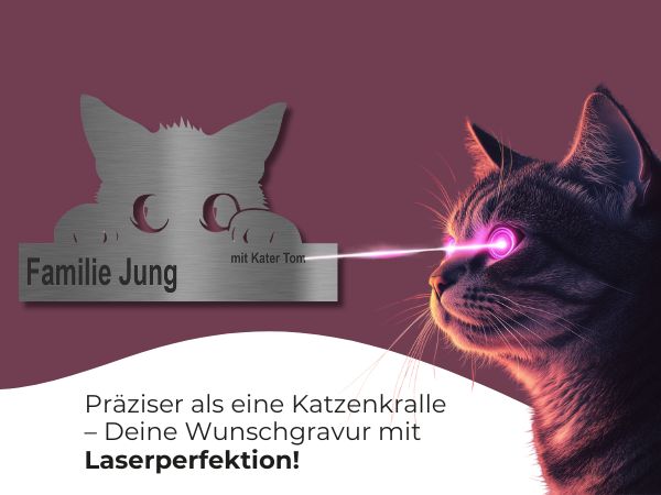 Katzenschild aus Edelstahl mit individueller Lasergravur – präzise gefertigt für Katzenfreunde mit Stil
