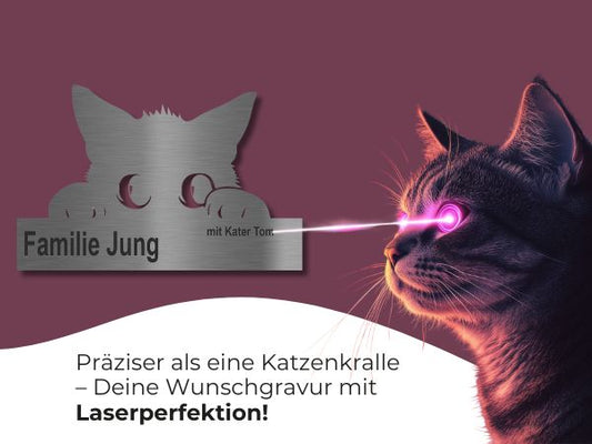 Katzenschild aus Edelstahl mit individueller Lasergravur – präzise gefertigt für Katzenfreunde mit Stil
