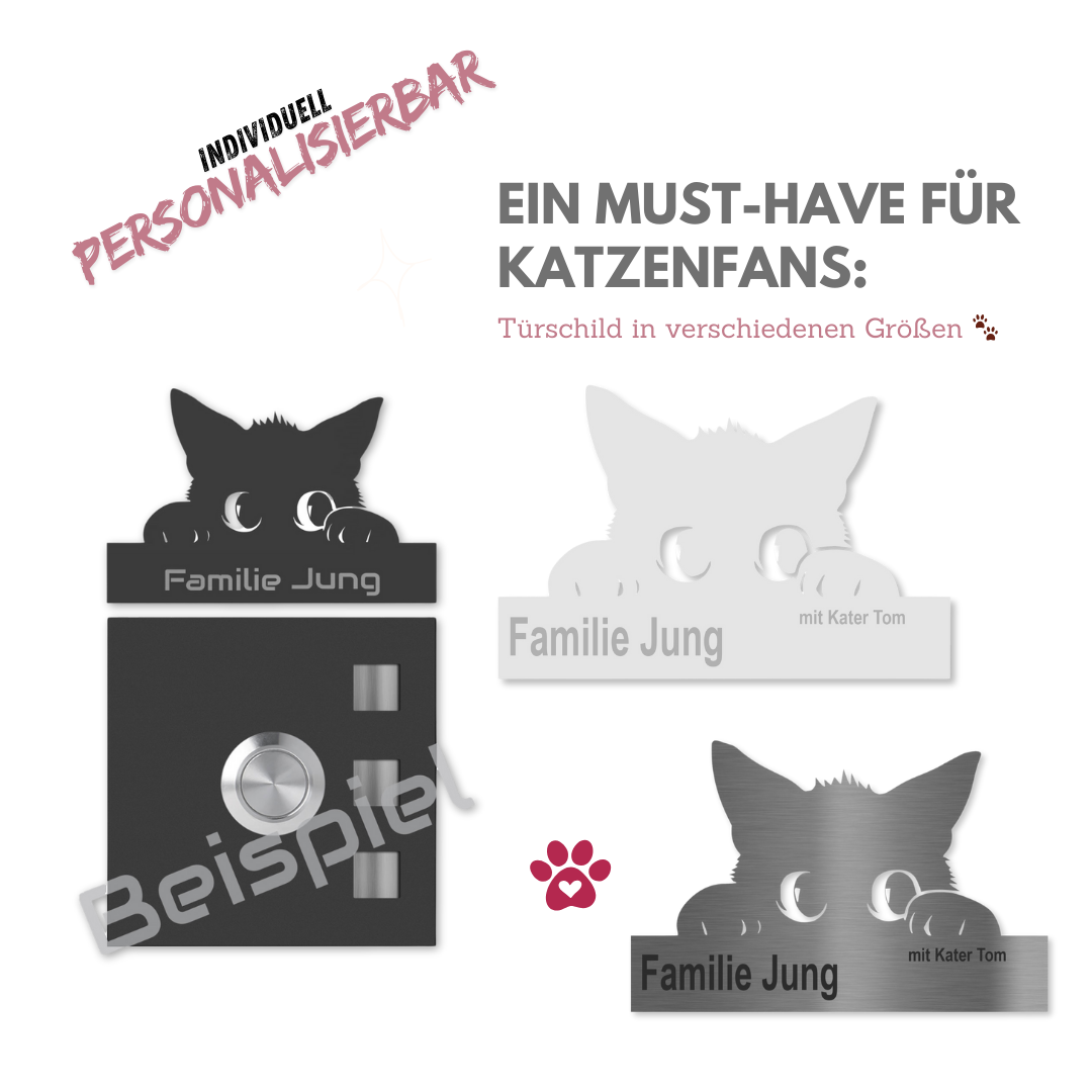 Personalisierbares Edelstahlschild mit Katzenmotiv – ideales Türschild für Katzenfans in verschiedenen Farben und Größen
