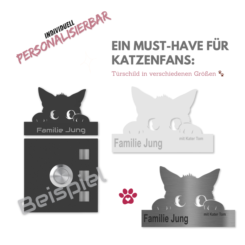 Türschild mit Katzenmotiv - personalisierbar - V2A Edelstahl