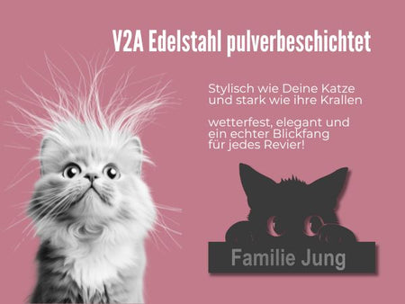 Pulverbeschichtetes Edelstahlschild mit Katzenmotiv – stilvolles Türschild für Katzenfreunde in anthrazit
