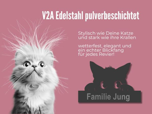 Pulverbeschichtetes Edelstahlschild mit Katzenmotiv – stilvolles Türschild für Katzenfreunde in anthrazit
