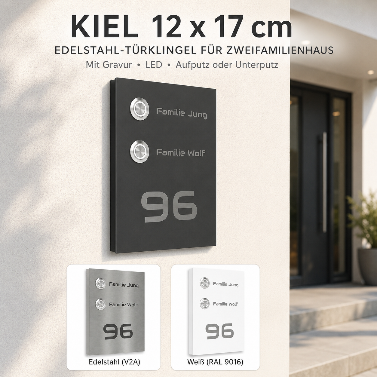 Kiel 12 x 17 cm Edelstahl-Türklingel für Zweifamilienhaus mit Gravur, LED und Oberflächen in Edelstahl, Anthrazit und Weiß