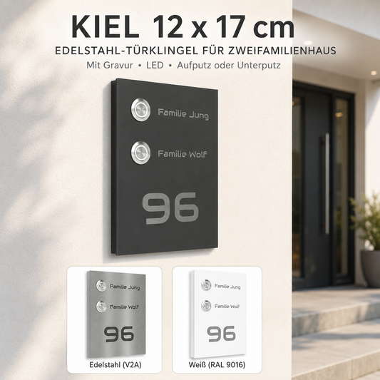 Kiel 12 x 17 cm Edelstahl-Türklingel für Zweifamilienhaus mit Gravur, LED und Oberflächen in Edelstahl, Anthrazit und Weiß