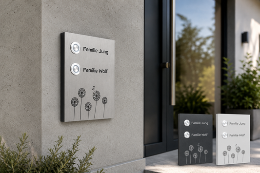 Kiel Pusteblume Zweifamilienhaus-Türklingel aus gebürstetem Edelstahl mit weißem LED-Taster an moderner Hauswand
