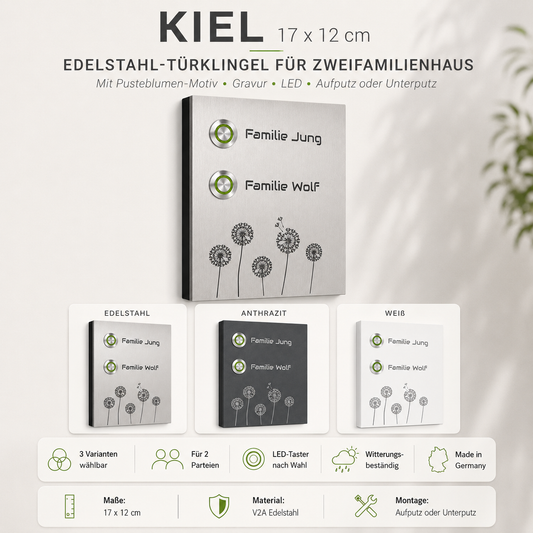 Infografik zur Kiel Pusteblume 12 x 17 cm Zweifamilienhaus-Türklingel mit Oberflächen, LED-Auswahl und Montageoptionen