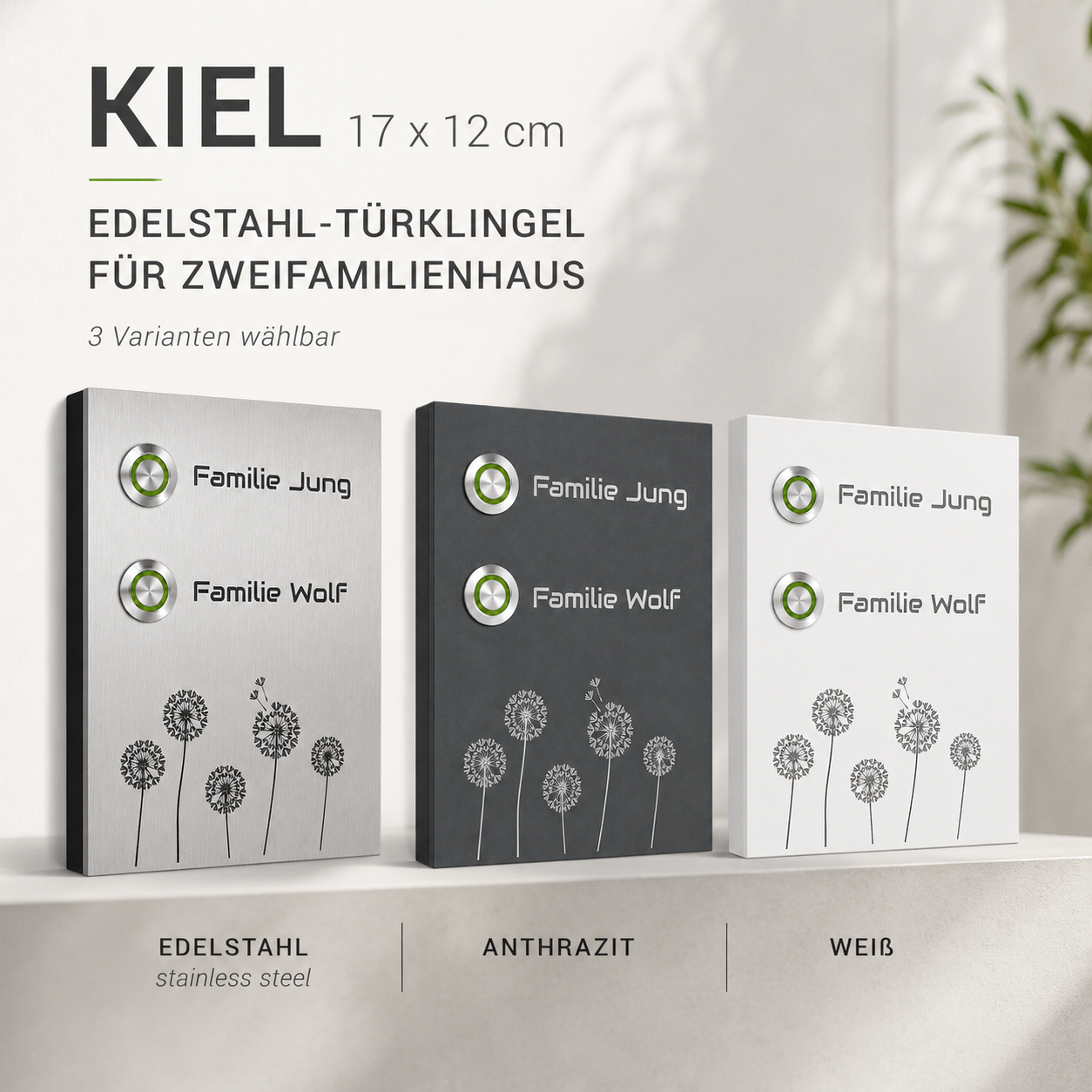 Kiel Pusteblume 12 x 17 cm Edelstahl-Türklingel für Zweifamilienhaus in Edelstahl, Anthrazit und Weiß