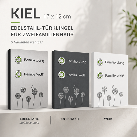 Kiel Pusteblume 12 x 17 cm Edelstahl-Türklingel für Zweifamilienhaus in Edelstahl, Anthrazit und Weiß