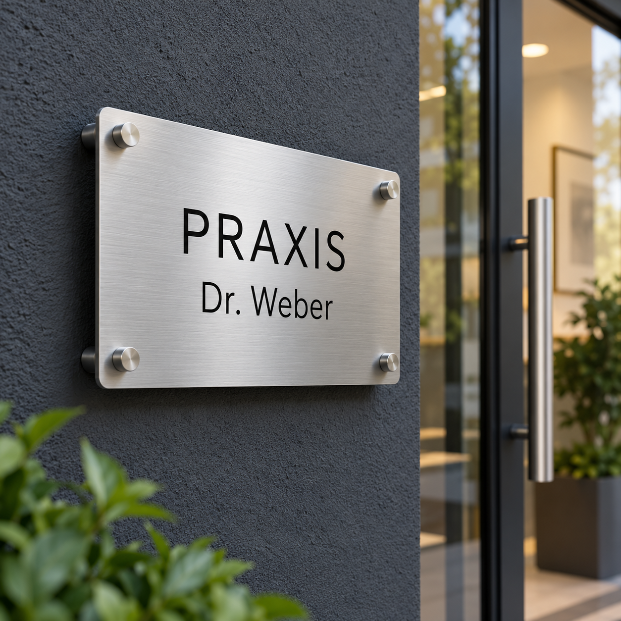 KI-Visualisierung: kleines geschliffenes Edelstahlschild mit Abstandshaltern