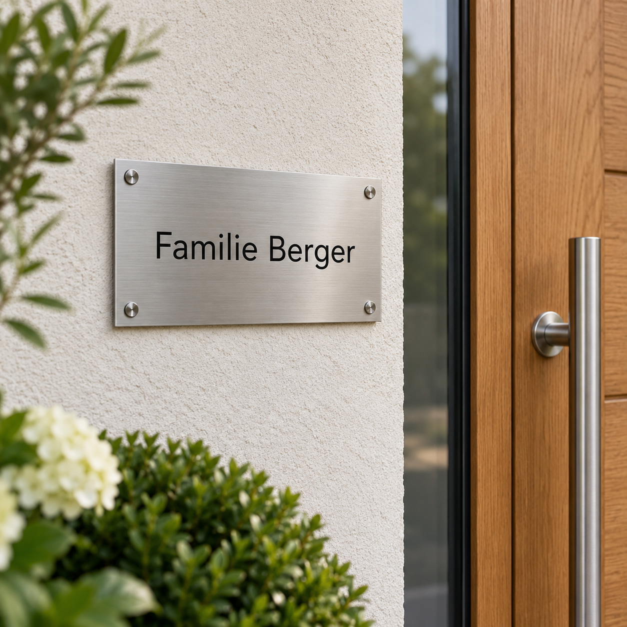 KI-Visualisierung: kleines geschliffenes Edelstahlschild am Hauseingang mit sichtbaren Befestigungskappen