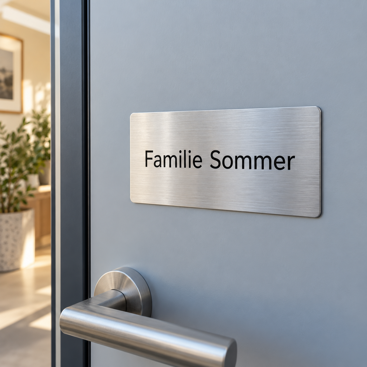 KI-Visualisierung: kleines geschliffenes Edelstahlschild flach verklebt ohne sichtbare Befestigung