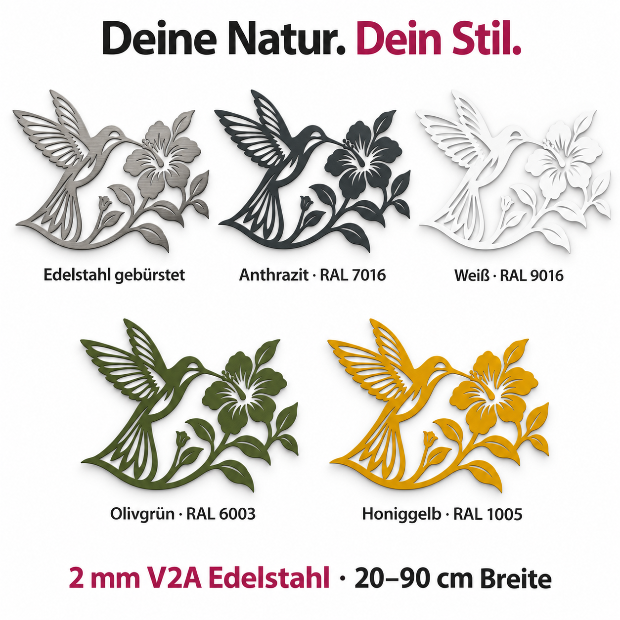 Kolibri am Blütenzweig Wanddeko aus 2 mm V2A Edelstahl – Farbübersicht mit fünf Oberflächen