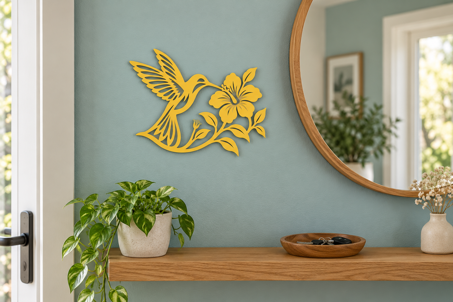 Kolibri am Blütenzweig Wanddeko aus 2 mm V2A Edelstahl – kleine Ausführung im Wohnbereich