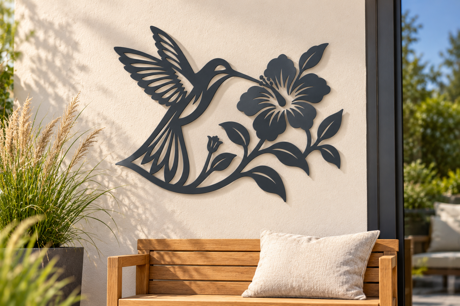 Kolibri am Blütenzweig Wanddeko aus 2 mm V2A Edelstahl – farbige Wohnansicht