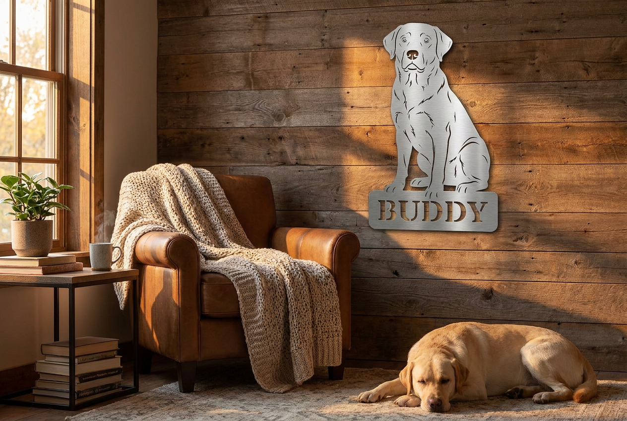 Personalisiertes Labrador Schild Buddy aus V2A Edelstahl als hochwertige Wanddeko im gemütlichen Wohnbereich mit Hund
