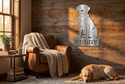 Personalisiertes Labrador Schild Buddy aus V2A Edelstahl als hochwertige Wanddeko im gemütlichen Wohnbereich mit Hund