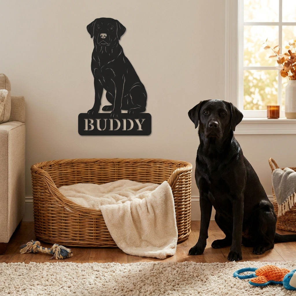 Schwarzes Labrador-Namensschild mit dem Namen Buddy als Wanddeko über einem Hundekorb im gemütlichen Wohnraum