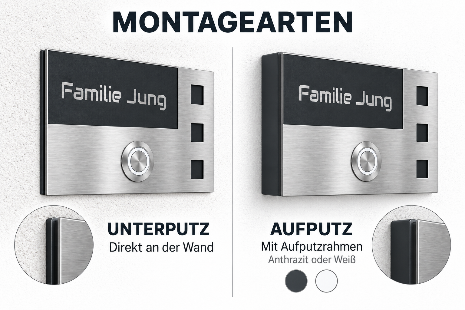 Leeds Türklingel im Vergleich als Unterputz- und Aufputzmontage