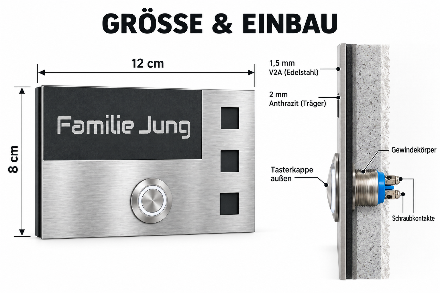 Maße 12 × 8 cm und kompakter Tasteraufbau der Leeds Türklingel mit zwei Schraubkontakten