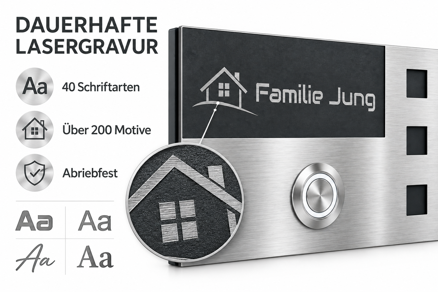 Personalisierbare Leeds Türklingel mit dauerhafter Lasergravur, 40 Schriften und über 200 Motiven