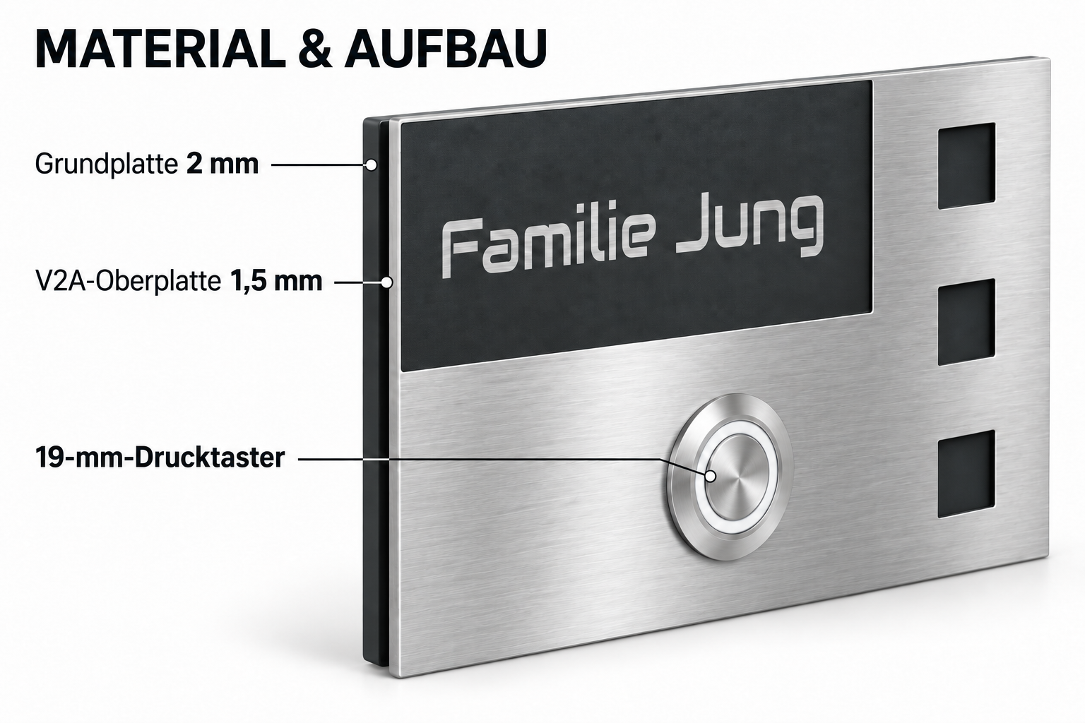 Materialaufbau der Leeds Türklingel mit 2-mm-Grundplatte, 1,5-mm-V2A-Oberplatte und 19-mm-Taster