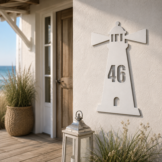 Weiße Leuchtturm-Hausnummer 46 an einer hellen Außenwand eines Küstenhauses mit Holzterrasse und Laterne