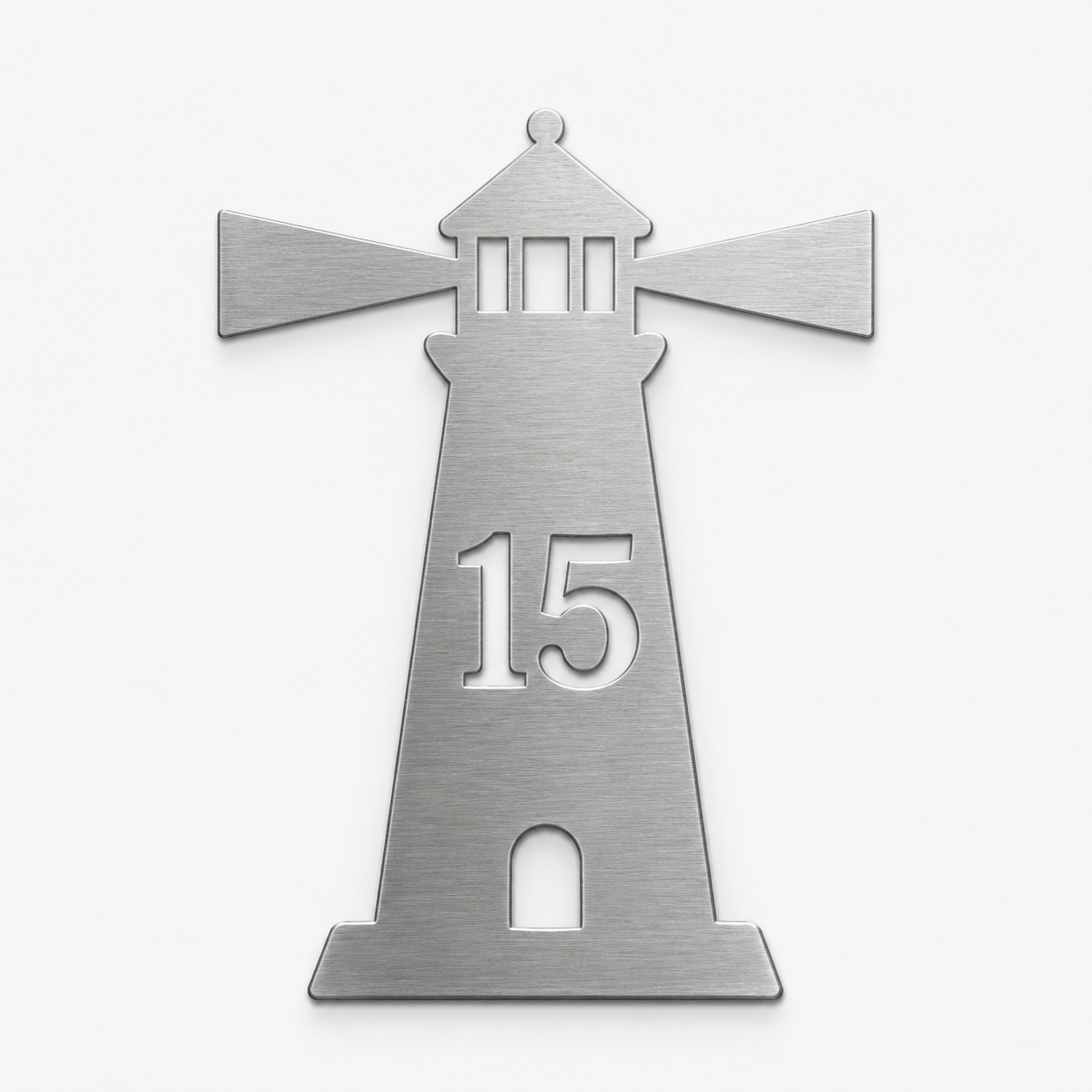 Personalisierte Leuchtturm-Hausnummer aus gebürstetem Edelstahl, Beispiel Hausnummer 15