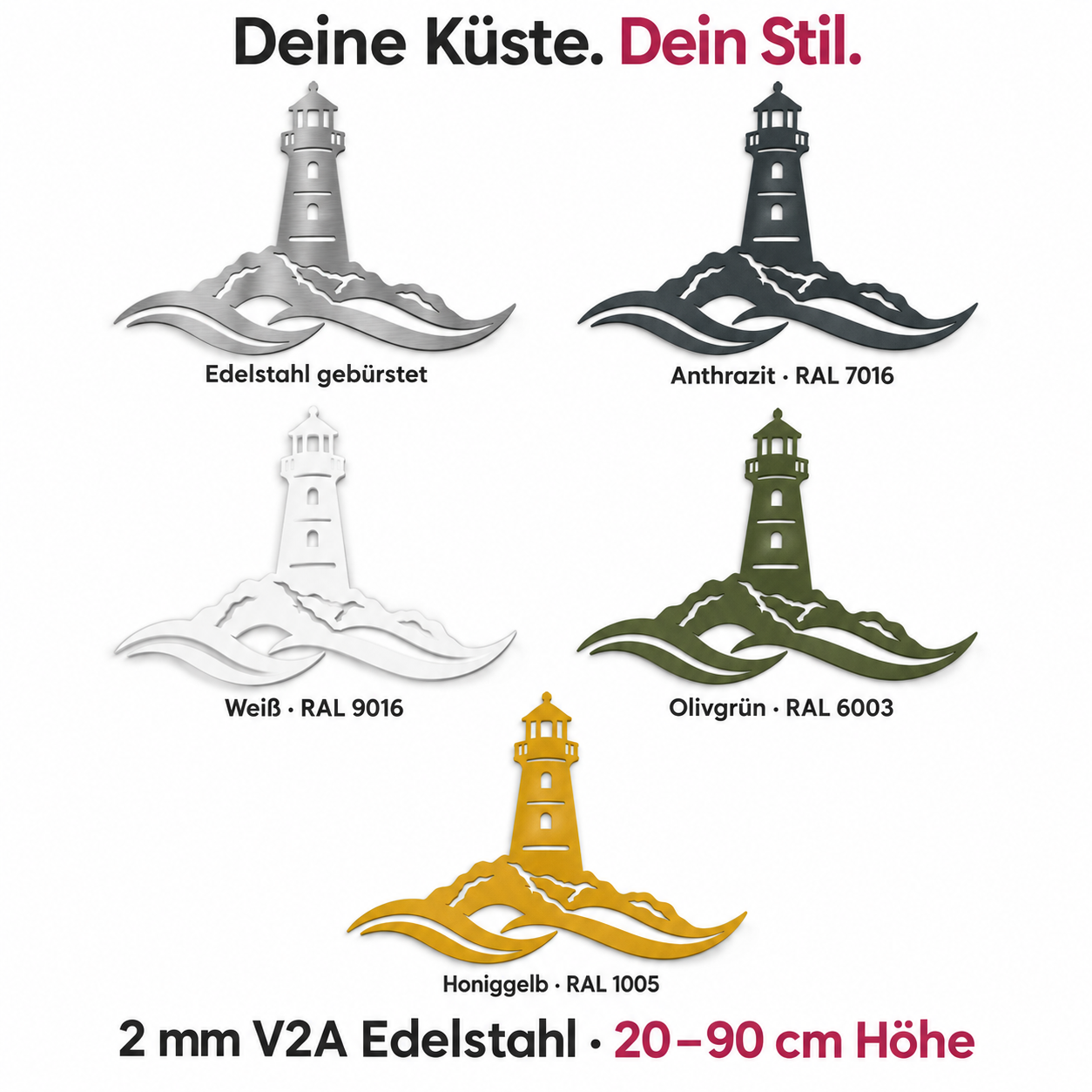 Leuchtturm mit Wellen Wanddeko aus 2 mm V2A Edelstahl – Farbübersicht mit fünf Oberflächen