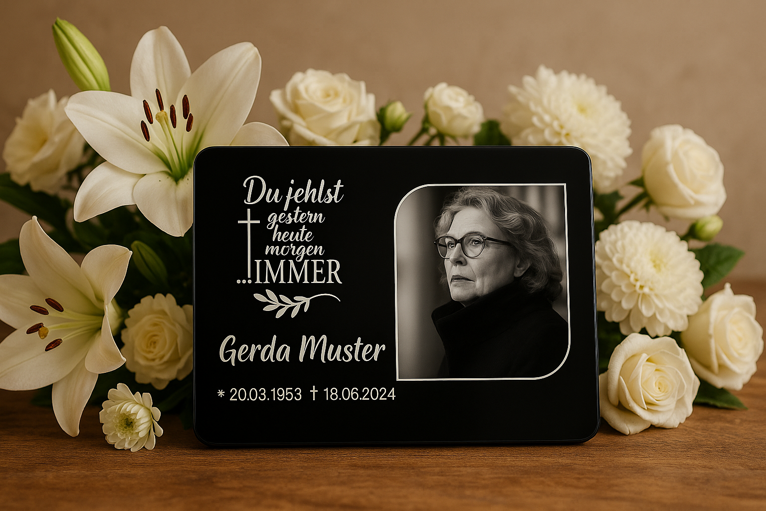Lifestyle-Bild der Gedenktafel mit Blumen