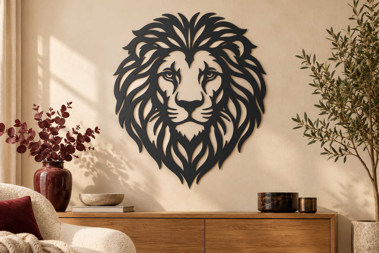 Gestaltungsansicht: Löwenkopf Wanddekoration in Anthrazit über einem Sideboard
