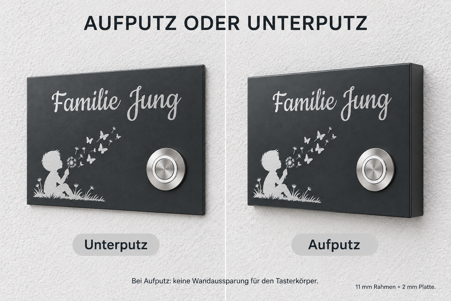 Produktvisualisierung der Unterputz- und Aufputzmontage. Aufputzrahmen 11 mm, Frontplatte 2 mm.
