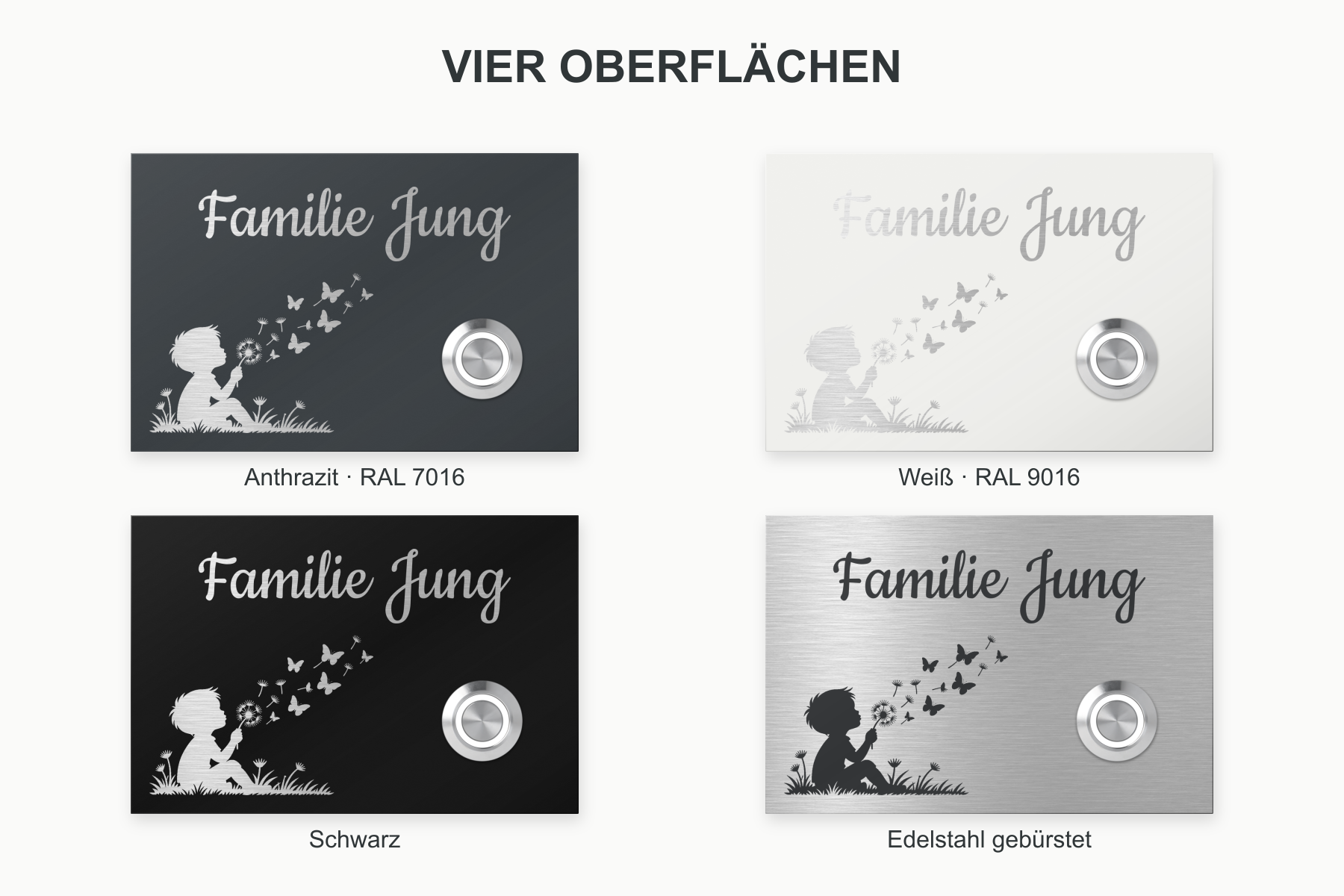 Vier Oberflächen für die Türklingel mit Jungenmotiv: Anthrazit, Weiß, Schwarz und Edelstahl gebürstet.
