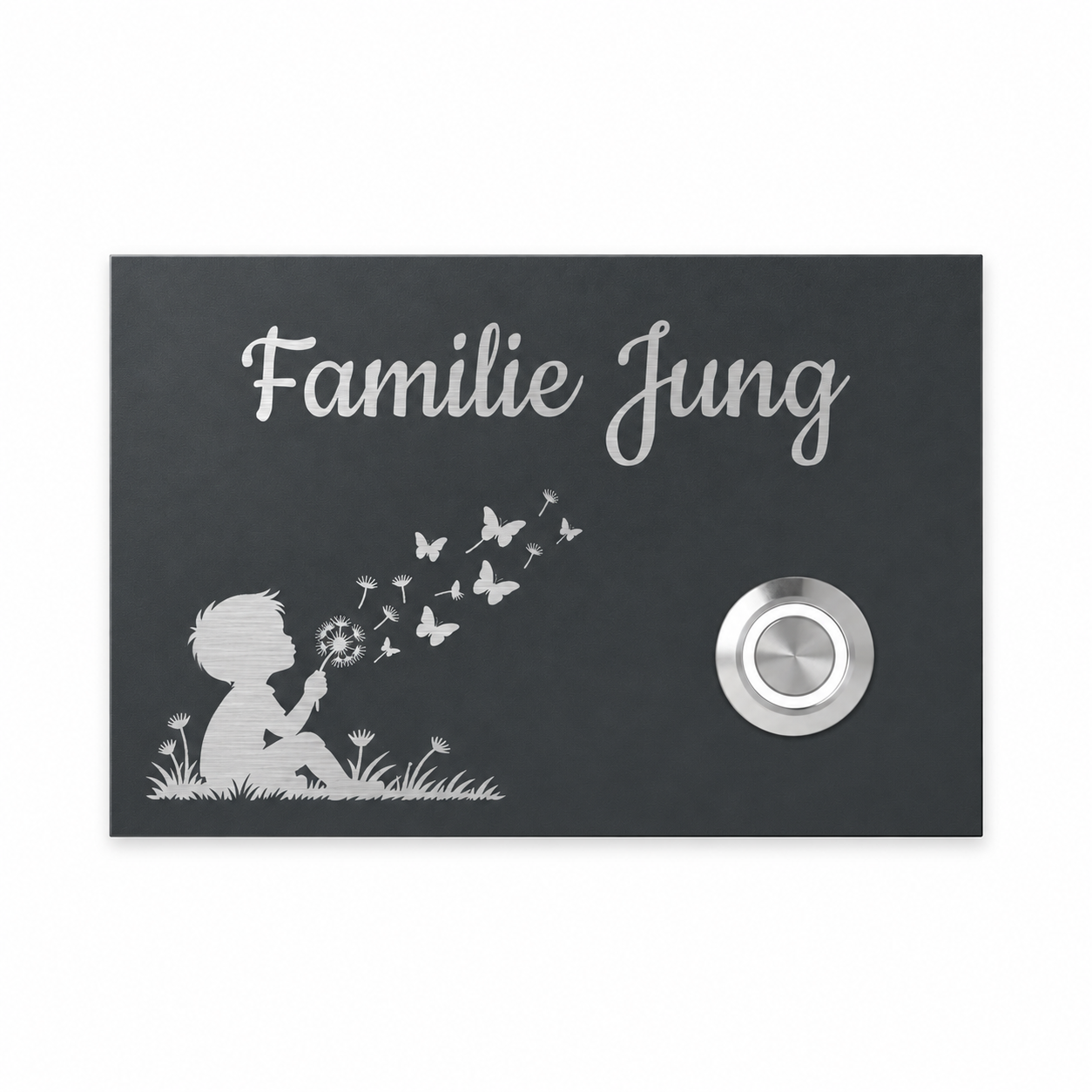 Türklingel London mit sitzendem Jungen, Pusteblume und Familie Jung in Cookie – Anthrazit, weißer LED-Taster. Produktvisualisierung.