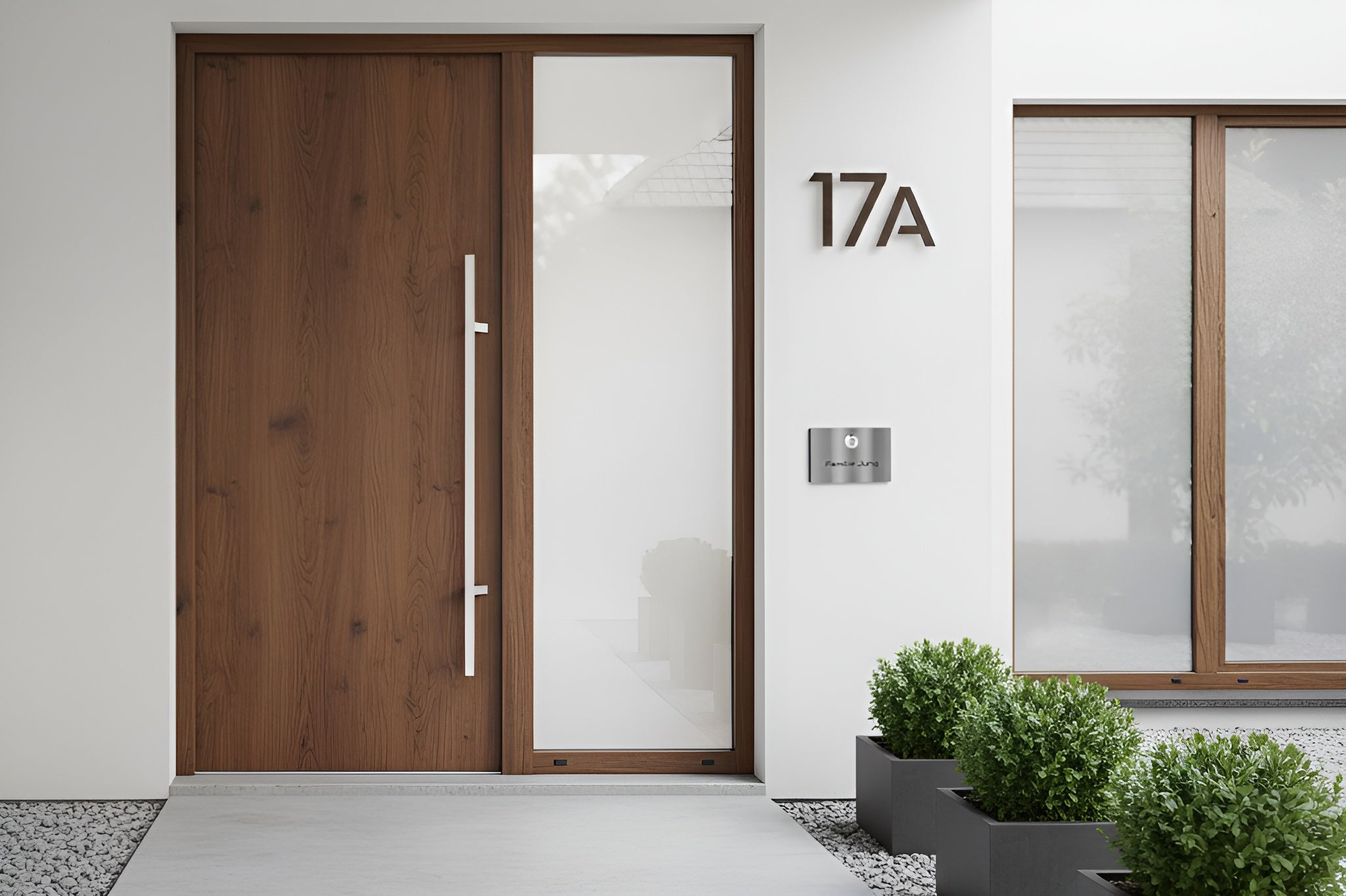 Türklingel London aus Edelstahl an einem modernen Hauseingang mit Hausnummer 17A