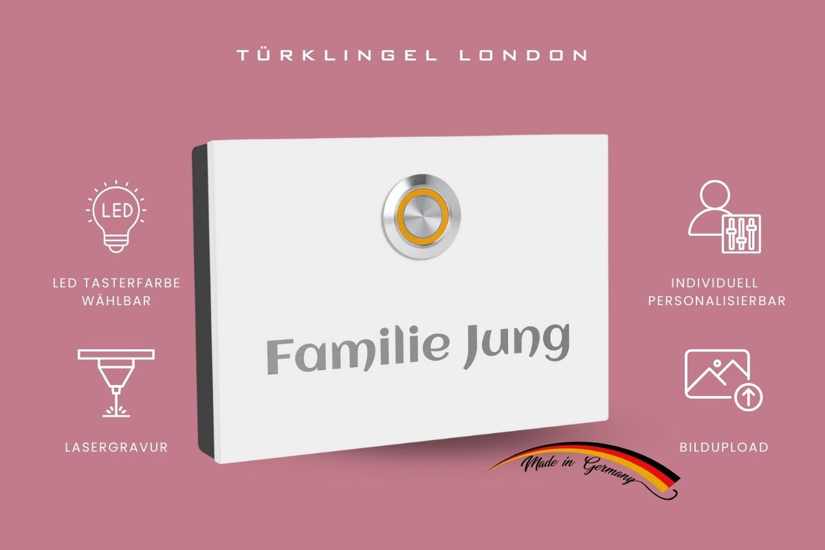 Weiße Türklingel London mit Informationen zu LED-Taster und Personalisierung