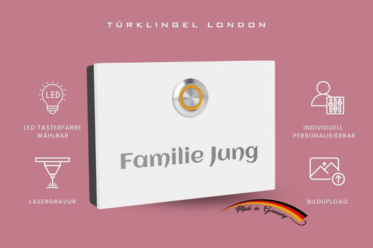 Weiße Türklingel London mit Informationen zu LED-Taster und Personalisierung
