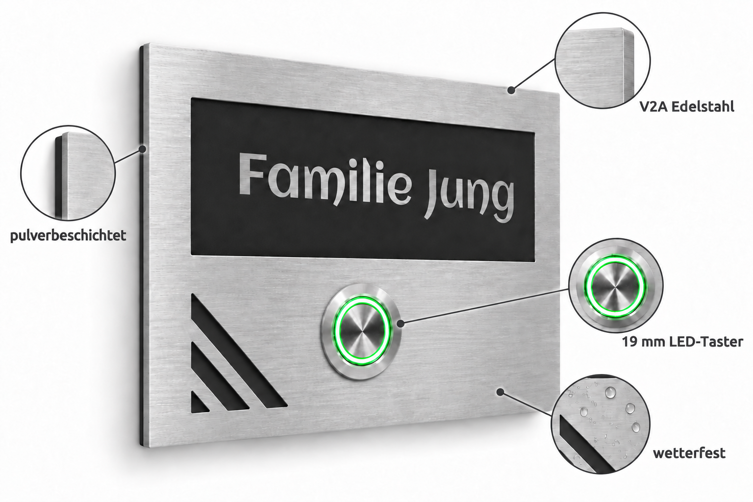 Türklingel Los Angeles – V2A Edelstahl, Pulverbeschichtung und 19-mm-LED-Taster