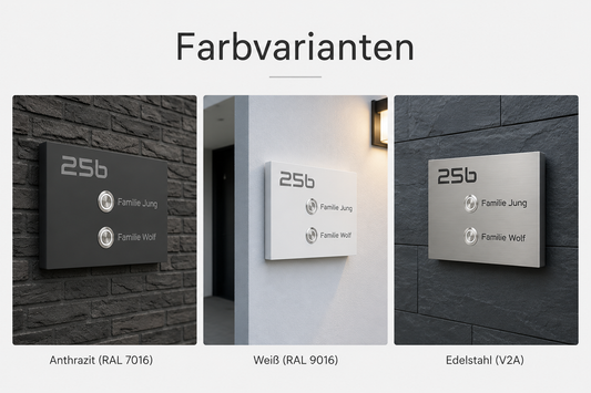 Farbvarianten der Lübeck Zweifamilienhaus-Türklingel in Anthrazit, Weiß und Edelstahl V2A