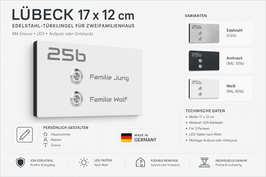 Infografik zur Lübeck 17 x 12 cm Zweifamilienhaus-Türklingel mit Oberflächen, technischen Daten und Montageoptionen