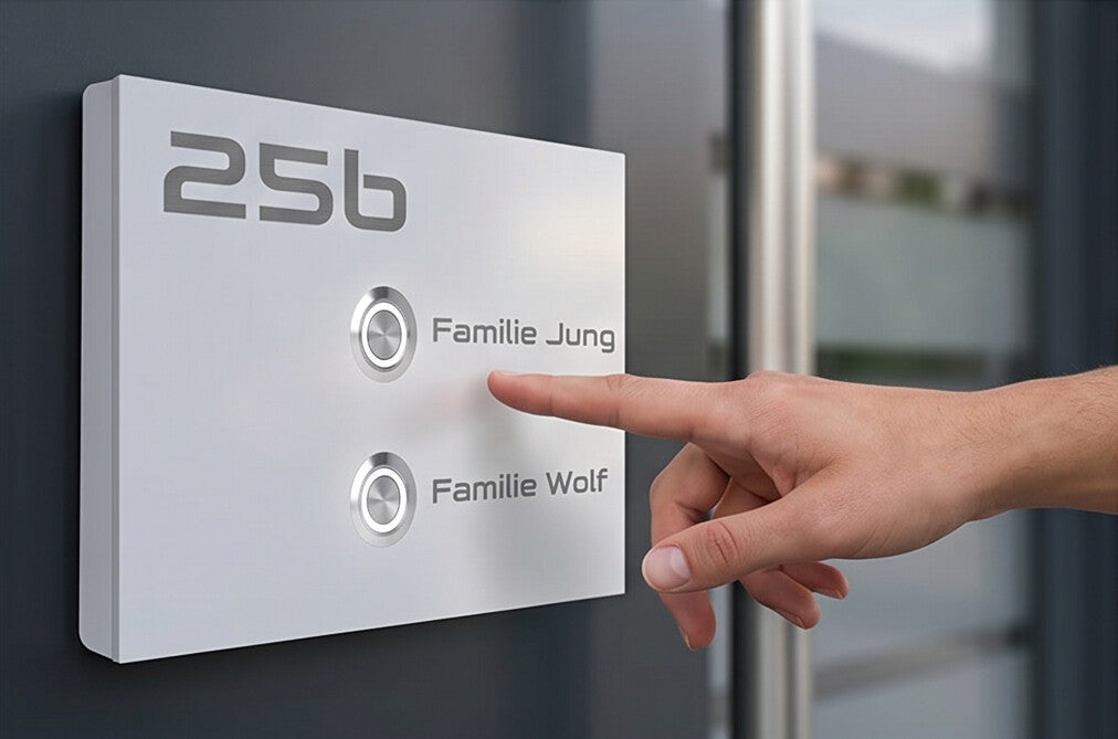 Weiße Lübeck Zweifamilienhaus-Türklingel mit Hand am Klingeltaster und Gravur Familie Jung und Familie Wolf