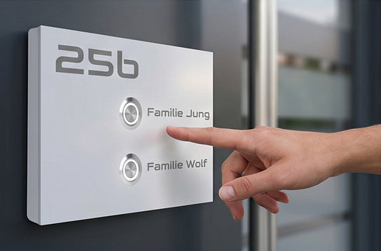 Weiße Lübeck Zweifamilienhaus-Türklingel mit Hand am Klingeltaster und Gravur Familie Jung und Familie Wolf