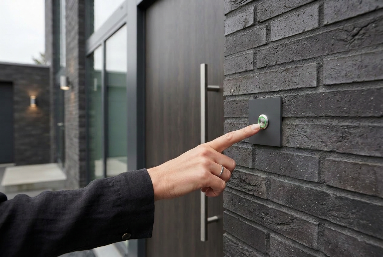 Türklingel Bochum 10 × 10 cm an Hauswand neben moderner Haustür