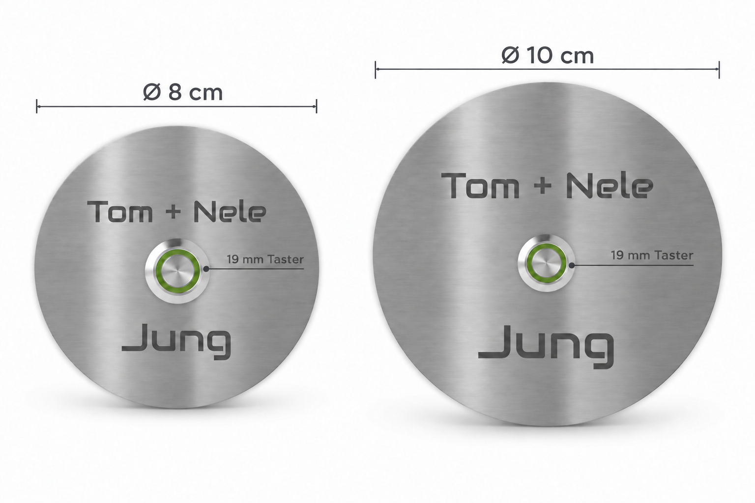 Größen der runden Türklingel Miami ohne Gravur: 8 cm und 10 cm mit 19-mm-Taster