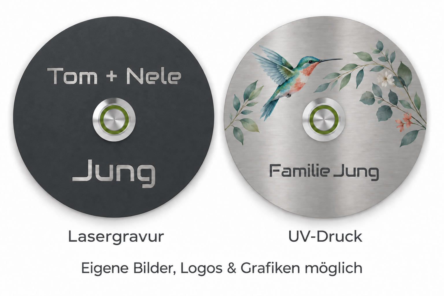 Türklingel Miami in mattem Anthrazit RAL 7016 mit freigelaserter Edelstahlgravur und farbigem UV-Druck
