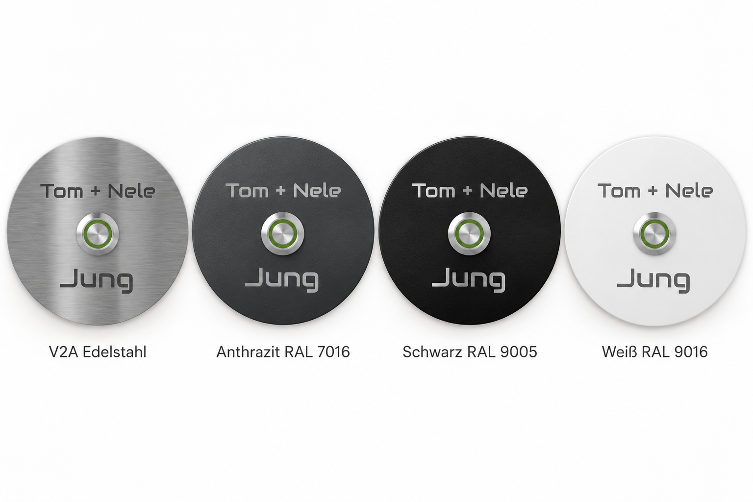 Türklingel Miami in V2A Edelstahl, Anthrazit RAL 7016, Schwarz RAL 9005 und Weiß RAL 9016