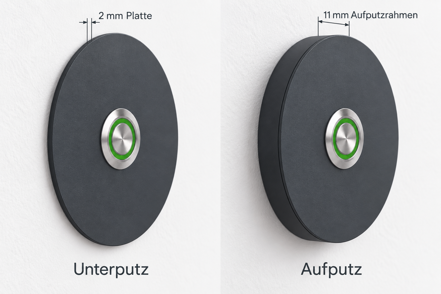 Aufputz- und Unterputzmontage der Türklingel Miami ohne Gravur mit 2-mm-Platte und 11-mm-Rahmen