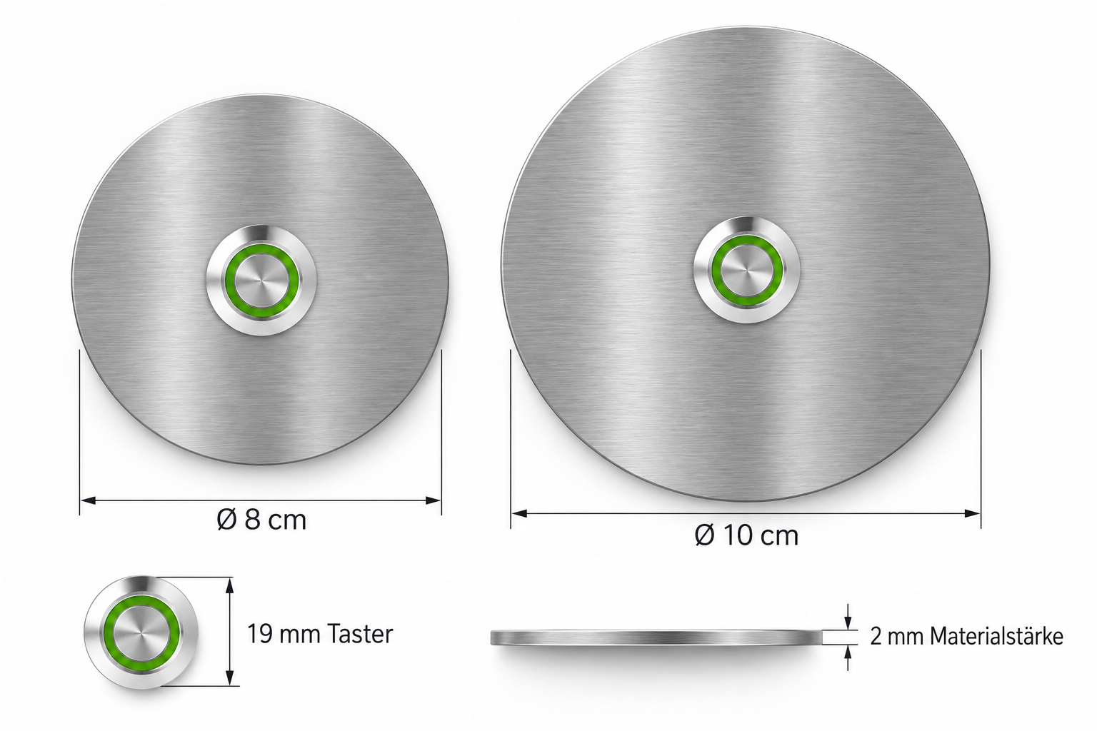 Größenvergleich der Türklingel Miami ohne Gravur: 8 cm und 10 cm mit 19-mm-Taster
