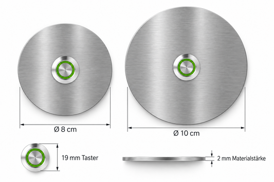 Größenvergleich der Türklingel Miami ohne Gravur: 8 cm und 10 cm mit 19-mm-Taster
