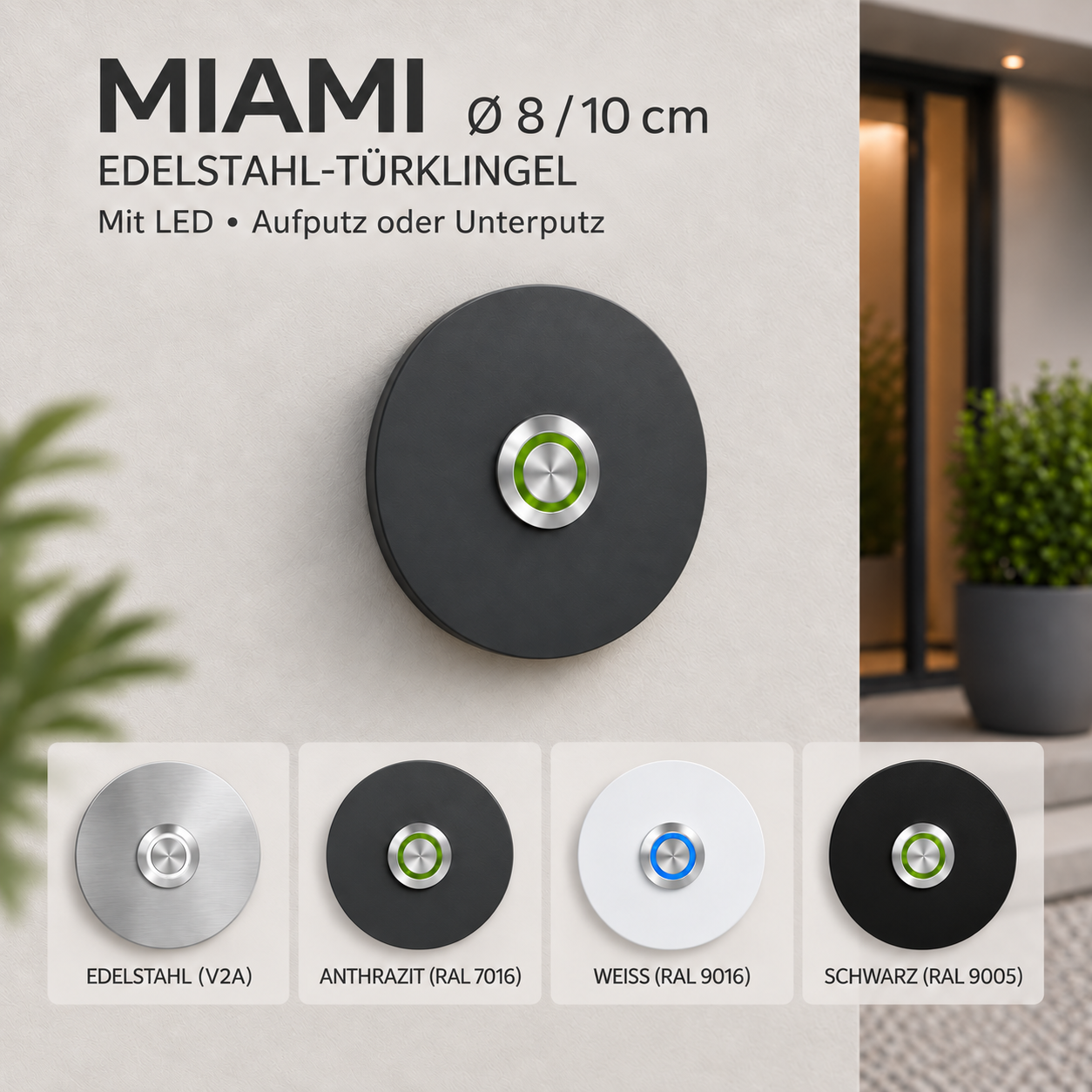 Runde Türklingel Miami ohne Gravur in 8 und 10 cm – Edelstahl, Anthrazit, Weiß und Schwarz